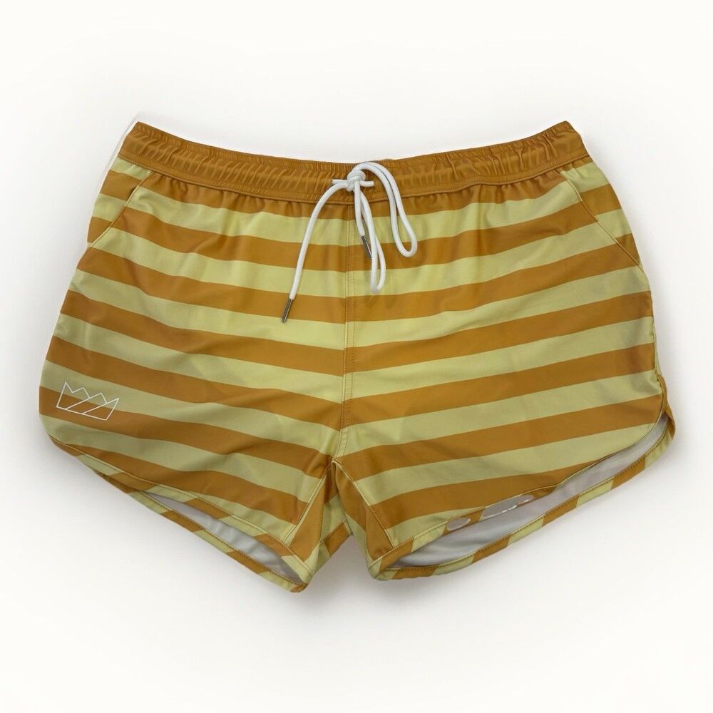 Chris Turk Swim Shorts Mens Size Small Yellow Stripe Nylon Spandex New With Tags